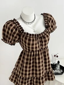 Elamini Summer Sweet Vintage Ruffle Petal Sleeve Blouse - Brown - View 1