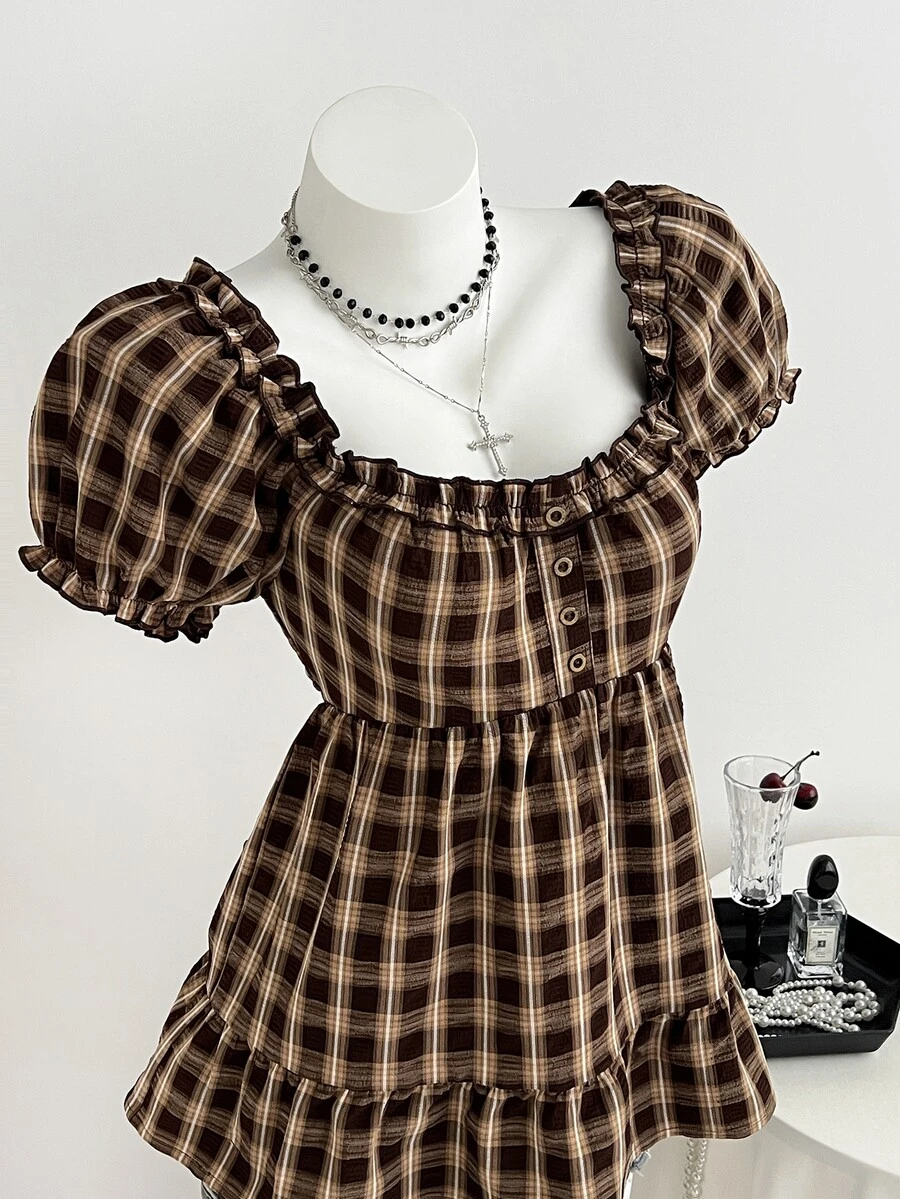 Elamini Summer Sweet Vintage Ruffle Petal Sleeve Blouse - Brown - View 1
