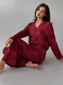 DAZY Women's Leopard Print Button-Up Top And Long Pants Pajama Set - Red - View 3