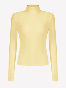 SHEIN BASICS 女款純色長袖高領羅紋針織修身T恤上衣 白色 辦公室秋季基礎休閒款 - 淡黃色 - 查看 6