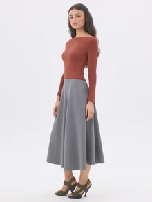 KÆRIA Hus Rok Midi A-Line Berpanel - Potongan Rapi - Warna Abu-abu Cross Dye - Pakaian Kerja, Rok Lebar, Gaya Preppy - Grey - View 3