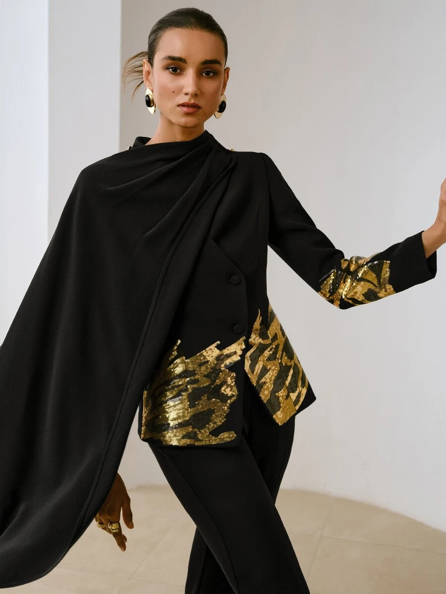ZEYLAH Women's Designer Sequin Button Long Sleeve Blazer - Black - View 1
