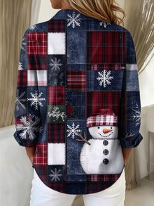 SHEIN LUNE Christmas Long Sleeve Shirt, Snowman Pattern T-Shirt, Fashionable Shirt, Women's Gift - Multicolor - View 2