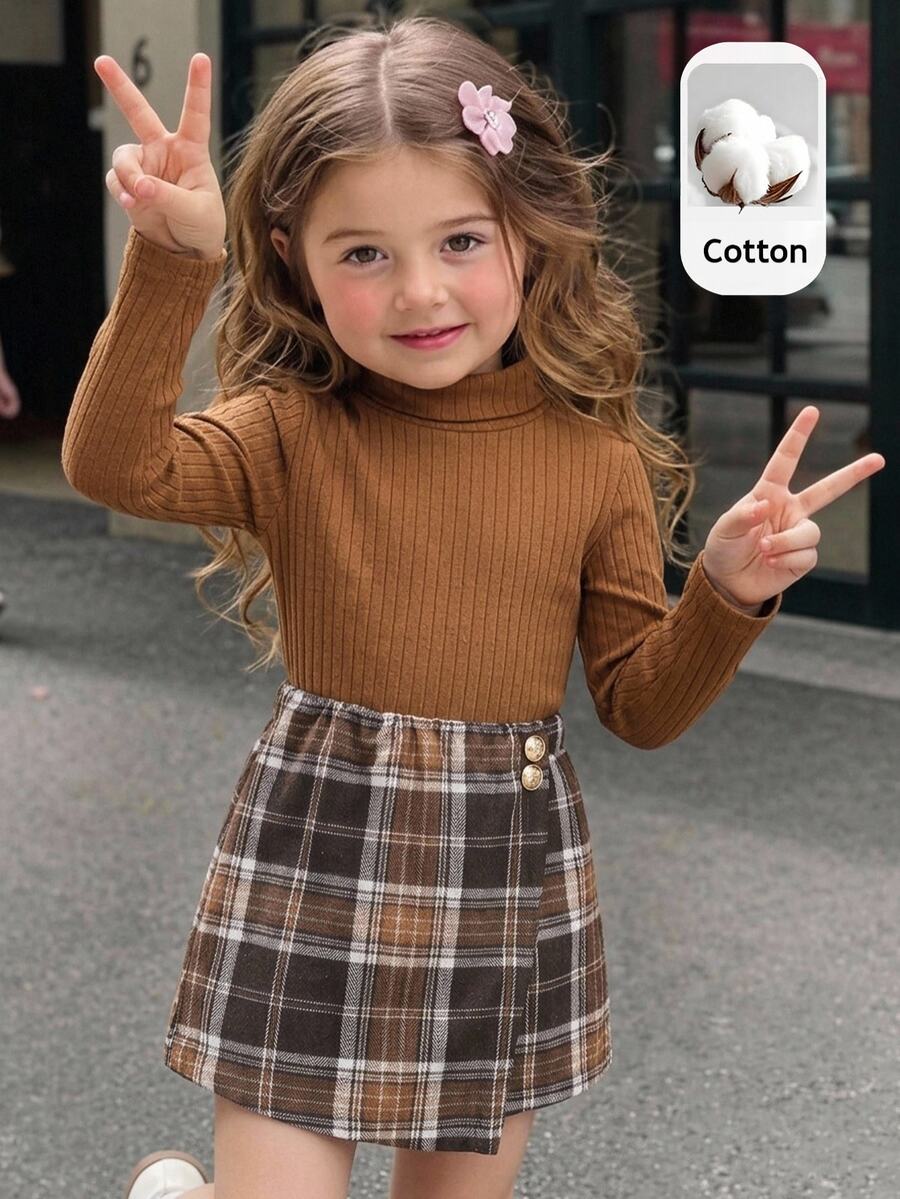 SHEIN Baby Girl Solid Color Long Sleeve T-Shirt And Plaid Skirt Casual Set - Multicolor - View 1