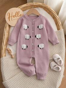 Baby Girl Sheep Pattern Raglan Long Sleeve Knit Romper - Baby Pink - View 1