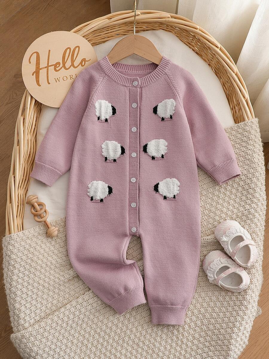 Baby Girl Sheep Pattern Raglan Long Sleeve Knit Romper - Baby Pink - View 1