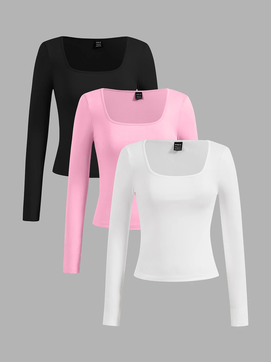 SHEIN EZwear 3件組女款純色方領長袖休閒百搭T恤 - 彩色 - 查看 1