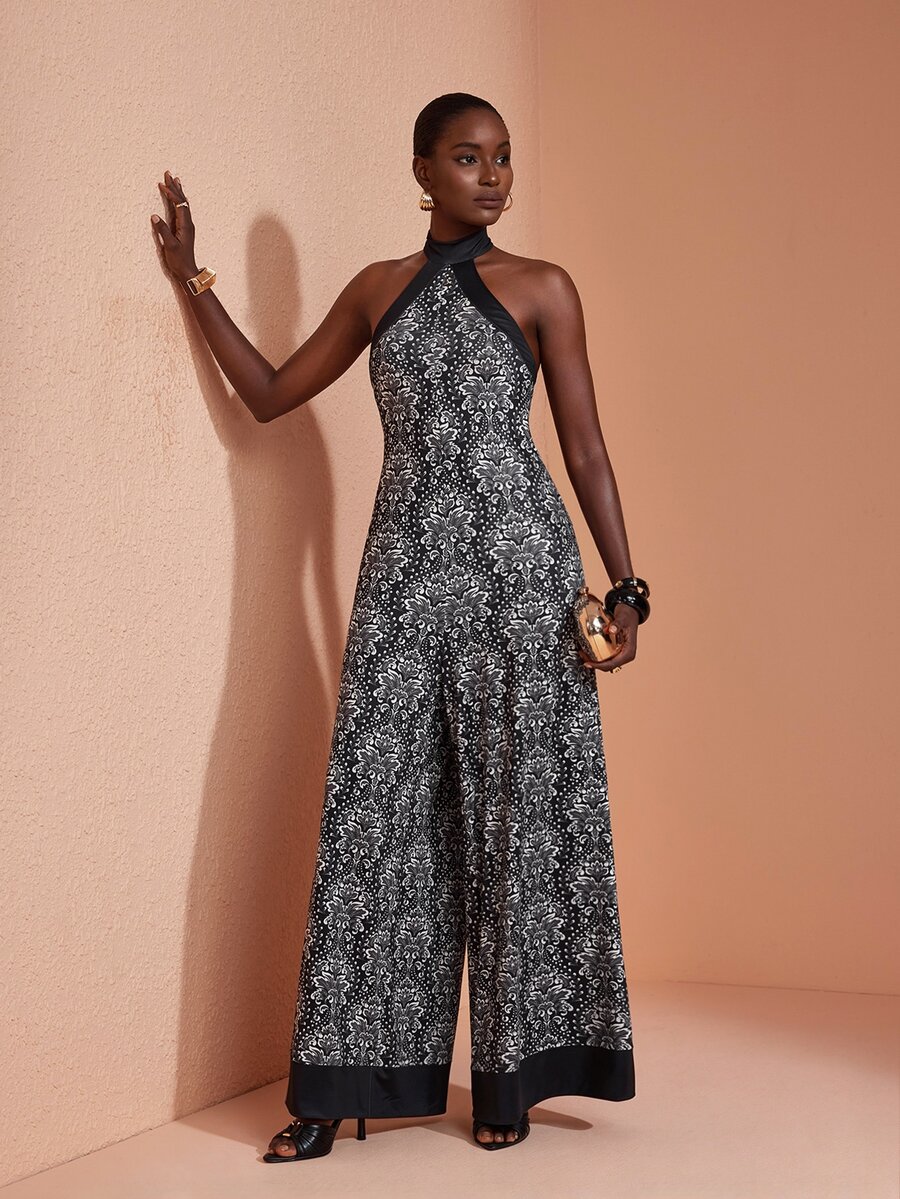 JIAN LASALA Knit Halter Neckline Sleeveless Contrast Band Elegant Long Jumpsuit Vacation Causal - Multicolor - View 1