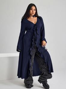 SHEIN ICON ICON 大尺碼女款 V 領前綁帶喇叭袖針織上衣 秋季 - 藏蓝色 - 查看 5