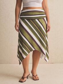 SHEIN Tall CURVE 大尺碼夏季休閒拼色條紋不對稱下擺裙 秋季 - 彩色 - 查看 8
