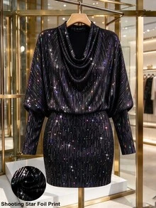 GlowEve CURVE Women's Autumn/Winter Shiny Cowl Neck Bodycon Long Sleeve Short Dress - Black - View 3