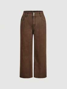 EMERY ROSE Plus Size Women's Casual Daily Denim Jeans With Pockets And Buttons - Coffee Brown - View 5