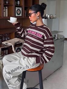 Muchica Women's Casual Crew Neck Sweatshirt, Striped Sweatshirt - White - View 5