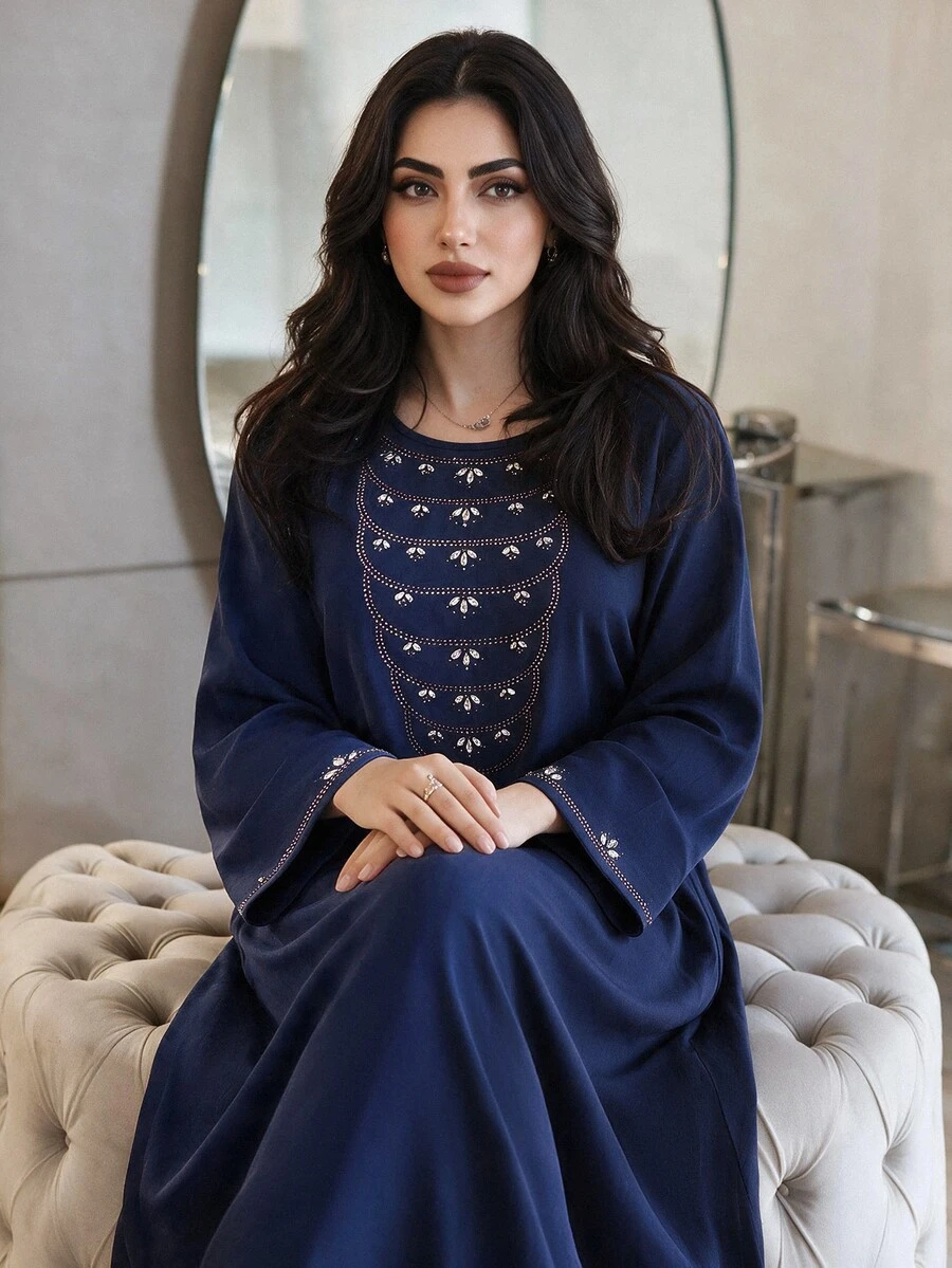 Al Najma Plus Size Women's Rhinestone Design Round Neck Long Sleeve Elegant Arabian Dress - Navy Blue - View 1