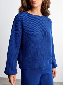 SHEIN طقم 2 قطعة من كنزة صوفية بأكمام طويلة وياقة دائرية مريحة باللون الأزرق الداكن مع بنطال كنزة - أزرق بحري - مشاهدة 6