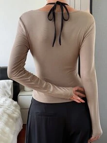 DAZY Atasan Piyama Lengan Panjang Model Halter Neck untuk Wanita - Khaki - View 2