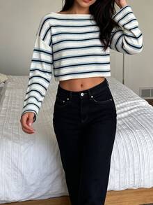 Autumina Women's Autumn/Winter Vintage Color-Block Striped Asymmetrical Shoulder Y2K Mixed Horizontal Stripe Casual Versatile Sweater Top - Multicolor - View 5