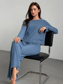 Livesso Women's Solid Color Long Sleeve Top And Pants Loungewear Set - Blue - View 6