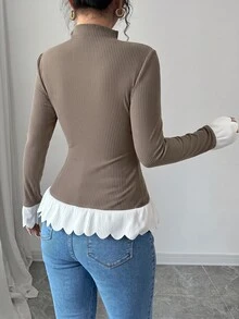 Elenzga 女款對比飾邊不對稱下擺高領T恤，秋冬女裝，聖誕 - 彩色 - 查看 2