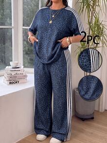 SHEIN EZwear Plus Size Women's Leopard Print Short Sleeve Top And Long Pants Casual Everyday Set - Navy Blue - View 1