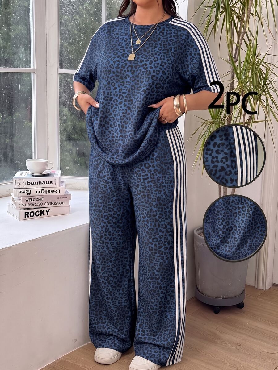 SHEIN EZwear Plus Size Women's Leopard Print Short Sleeve Top And Long Pants Casual Everyday Set - Navy Blue - View 1