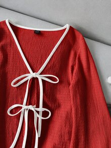 SHEIN LUNE 休閒女款綁帶對比飾邊針織上衣 度假風棕色與白色 夏季秋季女裝 外出穿搭上衣 - 紅色 - 查看 3