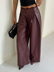 Aloruh Women's Autumn/Winter Party Elegant Lace Patchwork PU Wide Leg Pants - Burgundy - View 3