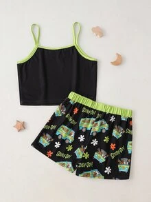 SCOOBY-DOO X SHEIN Tween Girl Letter Print Camisole And Shorts Lounge Set SCOOBY-DOO - Black - View 2
