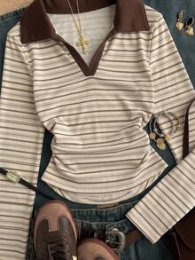 Attitoon 女款 Polo 領長袖修身 T 恤，卡其色條紋學院風返校 T 恤，休閒極簡日常百搭派對聚會機場穿搭 Y2K 上衣，女款秋季服飾，秋季穿搭，女款通勤穿搭，百搭上衣，外出穿搭，機場穿搭 - 彩色 - 查看 3