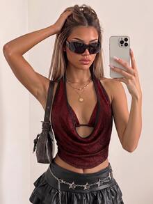 SHEIN ICON 2件組夏季女款亮片露背背心與細肩帶背心，適合海灘、夏威夷派對、返校日、演唱會、夜店外訪 - 酒紅色 - 查看 5