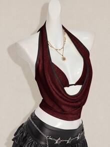 SHEIN ICON 2件組夏季女款亮片露背背心與細肩帶背心，適合海灘、夏威夷派對、返校日、演唱會、夜店外訪 - 酒紅色 - 查看 3