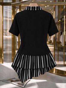 GlowEve CURVE Plus Size Women Striped Patchwork Short Sleeve Casual Top, Summer - Black - View 2