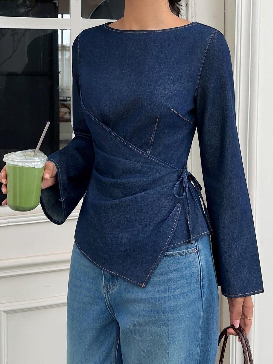 Serisse Women's Round Neck Long Sleeve Ruched Casual Denim Top, Fall Winter Outfits For Women, Wrap Top, Elegant, Date, Cute, Party, Office, Versatile Top. - Blue - View 1