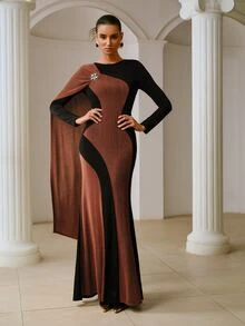 ZEYLAH Women's Colorblock 3D Floral Decor Elegant Patchwork Round Neck Cape Dress - Black - View 2