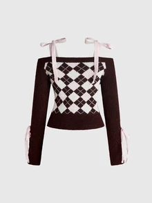 ROMWE Kawaii Cute Sweet Girls' Off-Shoulder Lantern Sleeve Cropped Cardigan With Cuff Tie Decoration - Brown - View 2