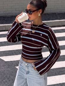 Muchica Autumn New Striped Pattern Batwing Sleeve Fitted Long Sleeve T-Shirt, Elegant Casual Fashion Basic Top For Spring Summer Autumn Winter, Suitable For Outings And Parties, Women - Multicolor - View 4