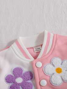 SHEIN Playful Pals Baby Girl Autumn/Winter Casual Sweet Cute Preppy Style Pink & White Colorblock Design 3D Plush Floral Applique Single-Breasted Ribbed Collar Drop Shoulder Baseball Jacket - Pink - View 7