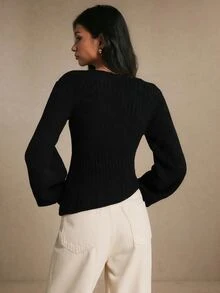 Poéselle Women's Elegant Ribbed Jacquard Asymmetrical Hem Warm Sweater, Fall Winter Knit Top For Work, Dating, Vacation, Party & Holiday Outfits - Black - View 3