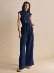 Poéselle 女款軍裝風寬腿連身褲，短袖立領腰帶式工裝連身褲，拿破崙風優雅秋季服飾 - 藏蓝色 - 查看 6