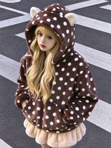 SHEIN Elladie kids 女孩甜美風休閒可愛外套，校園休閒穿搭，秋季 3D 貓咪刺繡連帽寬鬆抓絨夾克，校內校外穿搭，棕色波點 - 彩色 - 查看 1