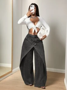 Slaydiva Women's Asymmetric Design Wide Leg Curved Hem Casual Denim Jeans - Blue - View 7