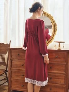 Côtesoire Women's Elegant Southern French Style Contrast Color Lace Long Sleeve Nightgown - Burgundy - View 2