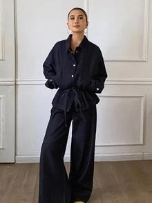 DAZY Women's Original Color Washed Loose Waist-Cinching Denim Jacket And Pants Casual Set - Dark Wash - View 6