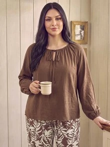 Doze Lane Solid Color Tie Neck Long Sleeve Top & Leaf Print Long Pants Plus Size Pajama Set - Coffee Brown - View 6