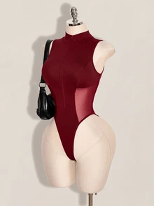 SHEIN ICON Y2K 女款萬聖節黑色性感時尚拉鍊網紗拼接連身衣 - 酒紅色 - 查看 14