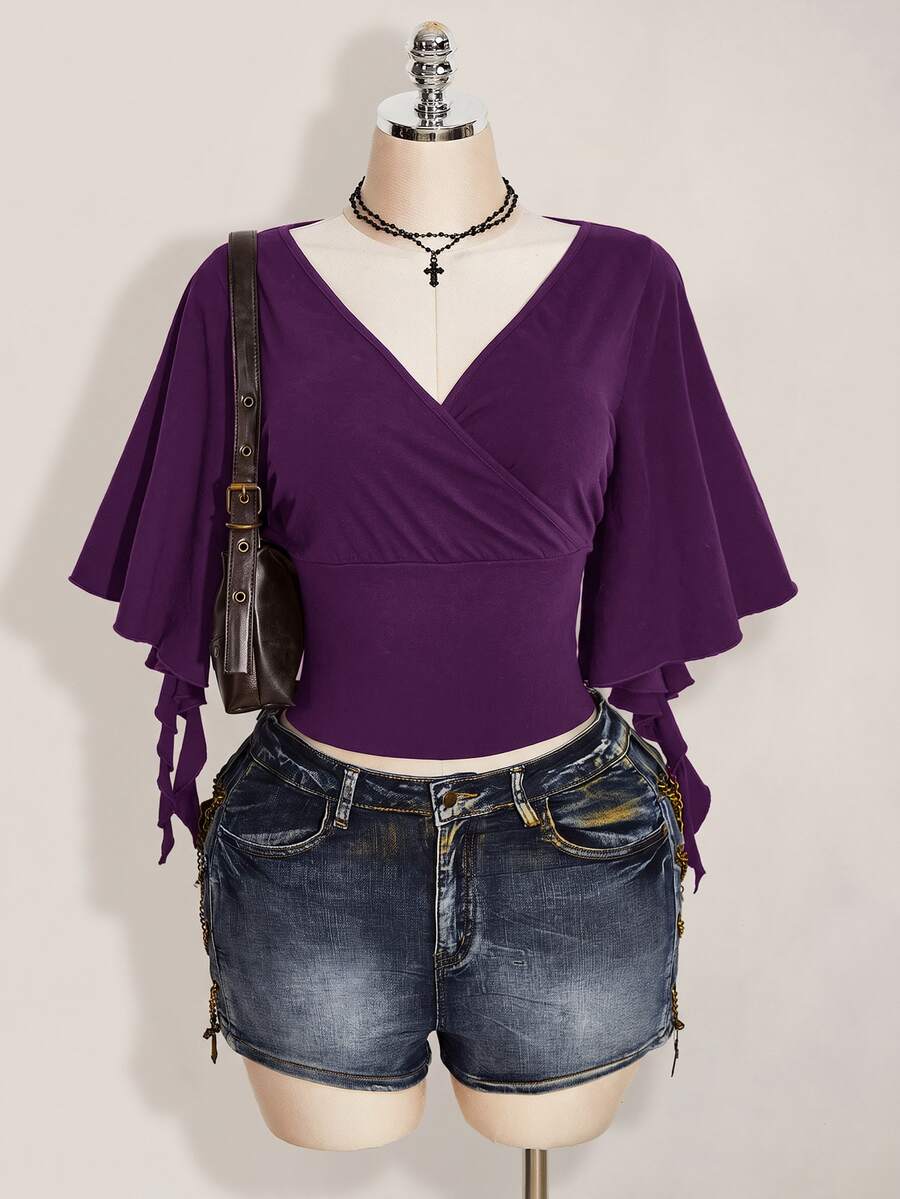 SHEIN ICON 女款大尺碼黑色夏季哥德風性感夜店約會派對夜店 T-shirt,復古優雅 V 領荷葉袖修身 Y2K 風格 - 紫色 - 查看 1