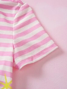THE POWERPUFF GIRLS X SHEIN Baby Girl Striped Letter Cartoon Print Casual Daily Short Sleeve Top - Pink - View 4
