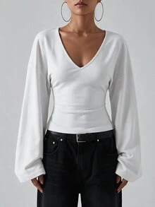 SHEIN Tall 女款休閒百搭純色喇叭袖上衣 - 白色 - 查看 8