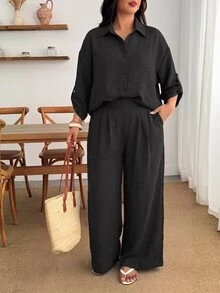 Enliva 大尺碼女款棕色亞麻兩件套 3/4 袖鈕扣襯衫＋寬腿長褲 休閒商務休閒套裝 居家早午餐夏季穿搭 - 深灰色 - 查看 3