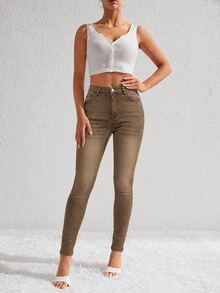 SHEIN Essnce Women's High Waist Pocket Slim Fit Casual Versatile Denim Jeans - Brown - View 4